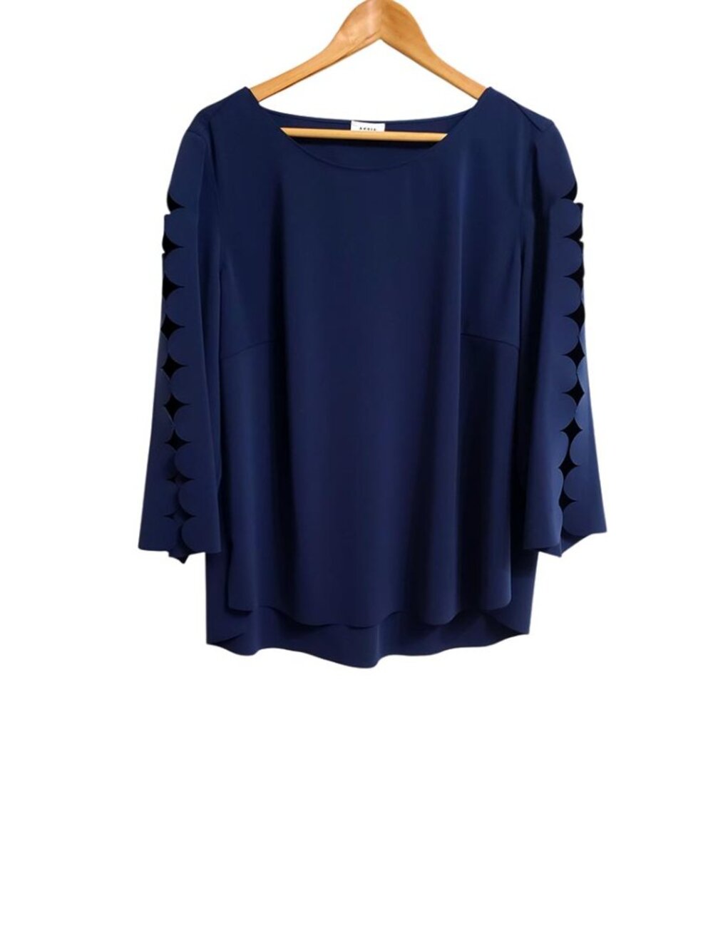 Akris Punto Womens Top Scallop Cutout 3/4 Sleeve Size 16 Navy Blue Blouse